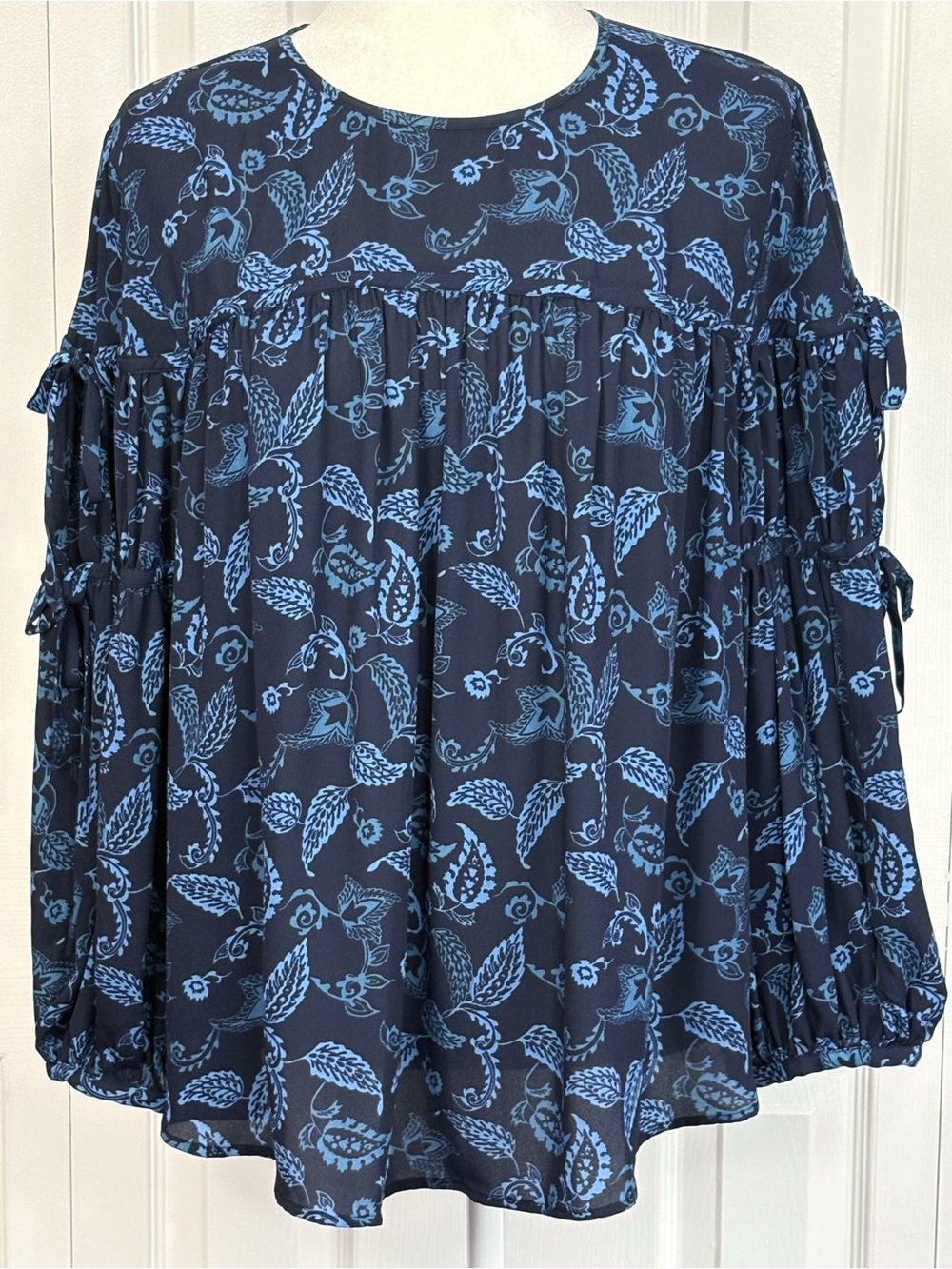 LOFT Boho Navy Blue Paisley Print Mixed Media Statement Long Sleeve Top Large